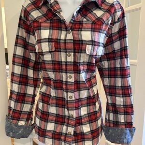 Plaid Button-Up Shirt with Denim Accents